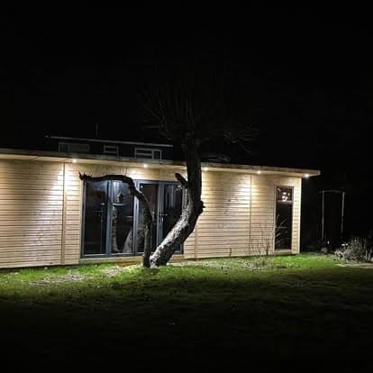 Timber-clad garden building lit with outdoor lighting at night